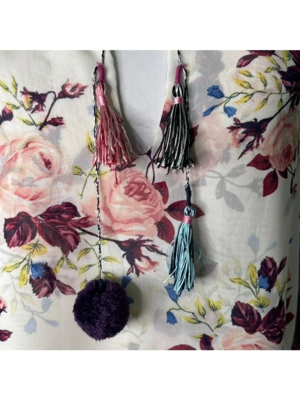 MISA Los Angeles Sia Floral Chiffon Ruffle Blouse XS Burgundy Cream Boho Tassel - Picture 5 of 12